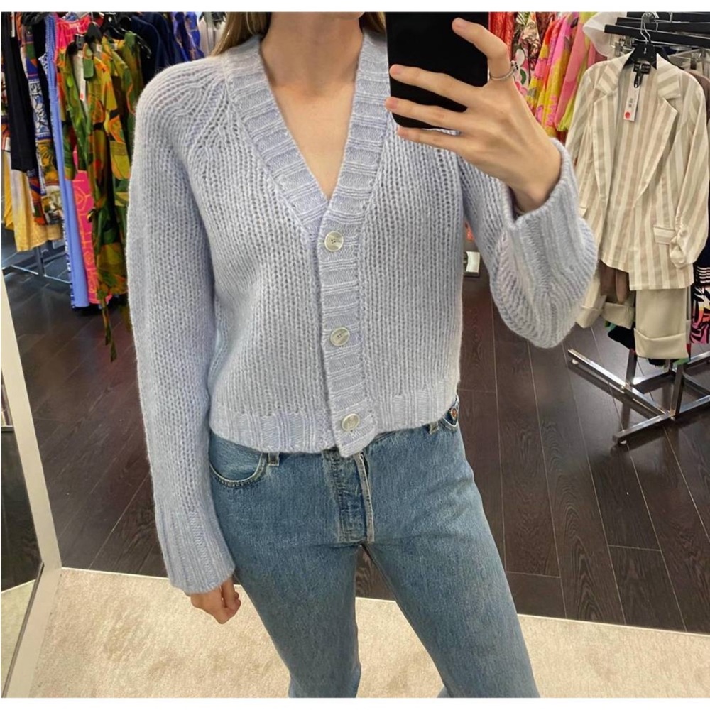 White + Warren Lofty Cardigan Blue Marle Small NWT